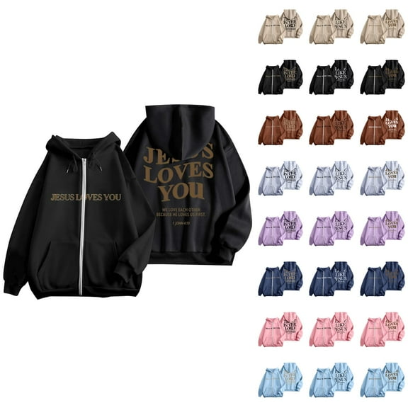 Christian Hoodies for Women 2025 Jesus Loves You Zip Up Hoodie Jacket with Pockets Hooded Sweatshirt Pullover Tops