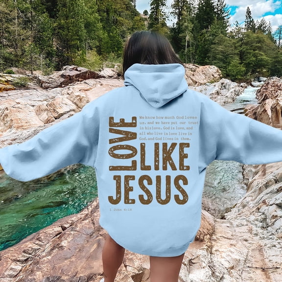 Christian Hoodies for Women Love Like Jesus Sweatshirt Printed Drawstring Hoodies for Teens (Light Blue L)