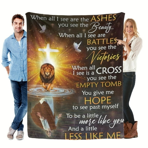 Christian Hope & Faith Lion Cross Print Flannel Blanket - Warm & Comforting Religious Home Decor for Believers, Machine Washable Polyester