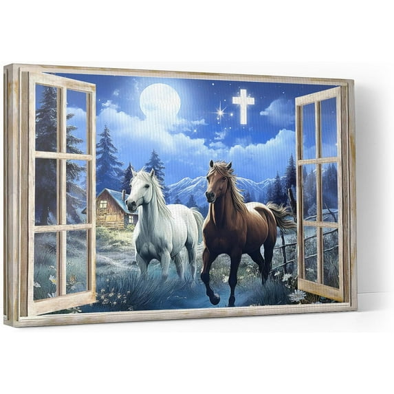 Christian Horse Canvas Wall Art Horse With Fake Window Picture Poster Wall Decor Religious Horse Prints Painting Framed Artwork For Bathroom Toilet Office Bedroom 12''''X16''''