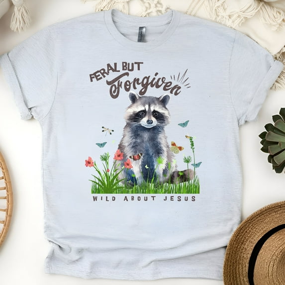 Christian Humor Tee for Women, Watercolor Raccoon and Floral Faith Shirt, Ash, Size S