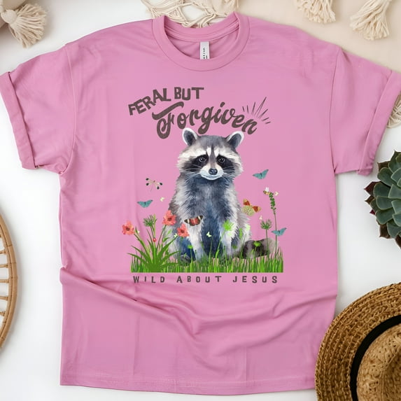Christian Humor Tee for Women, Watercolor Raccoon and Floral Faith Shirt, Azalea, Size S