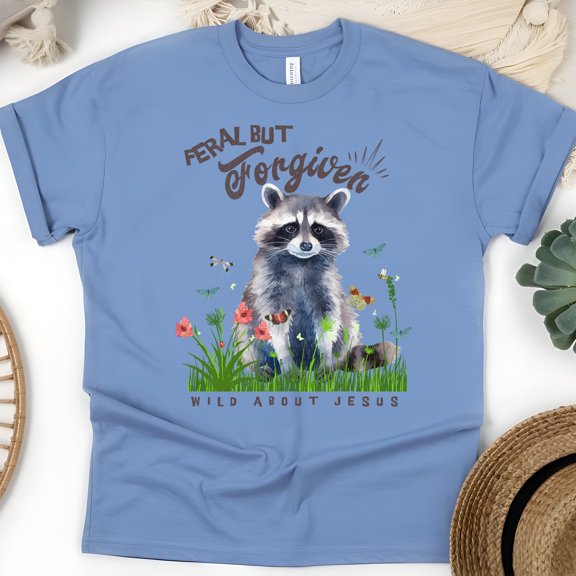 Christian Humor Tee for Women, Watercolor Raccoon and Floral Faith Shirt, CarolinaBlue, Size M