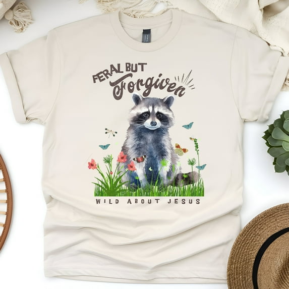 Christian Humor Tee for Women, Watercolor Raccoon and Floral Faith Shirt, Natural, Size XL