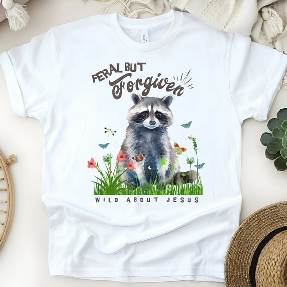 Christian Humor Tee for Women, Watercolor Raccoon and Floral Faith Shirt, White, Size XL
