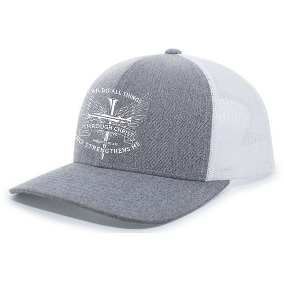 Christian I Can Do All Things Through Christ Philippians 4:13 Mens Embroidered Mesh Back Trucker Hat, Heaher Grey/White