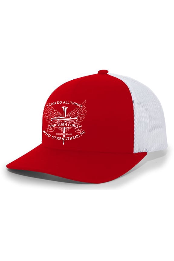 Christian I Can Do All Things Through Christ Philippians 4:13 Mens Embroidered Mesh Back Trucker Hat, Red/White