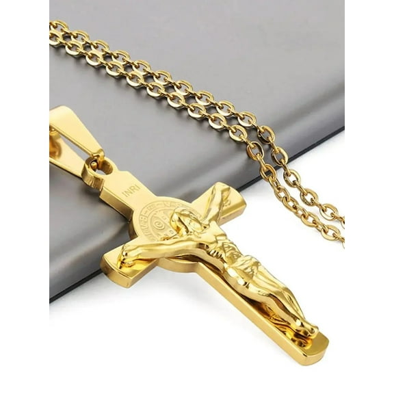 Christian INRI Crucifix Jesus Christ Cross Crucifix Pendant Necklaces Men 14K Yellow Gold Link Chain Necklace Jewelry Gift