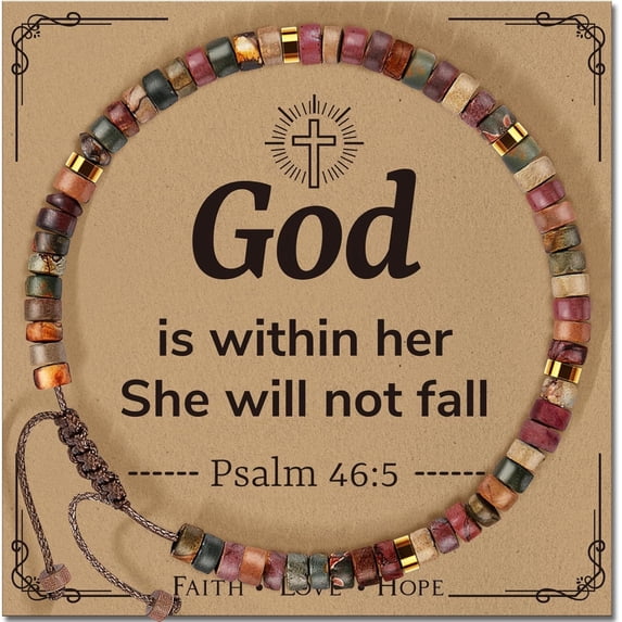 Fullrainbow Godmother Gift Bracelet - Natural Stone Bead Stretch Bracelet With Cross Charm & Meaningful Card