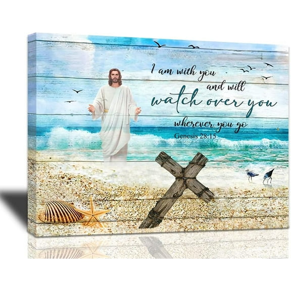 Christian Inspirational Decor Wall Art Jesus and Cross on Beach Picture Motivational Scripture Bible Verse Canvas Prints Teal and Blue Framed Artwork for Living Room Bedroom Bathroom Large 16"x12"