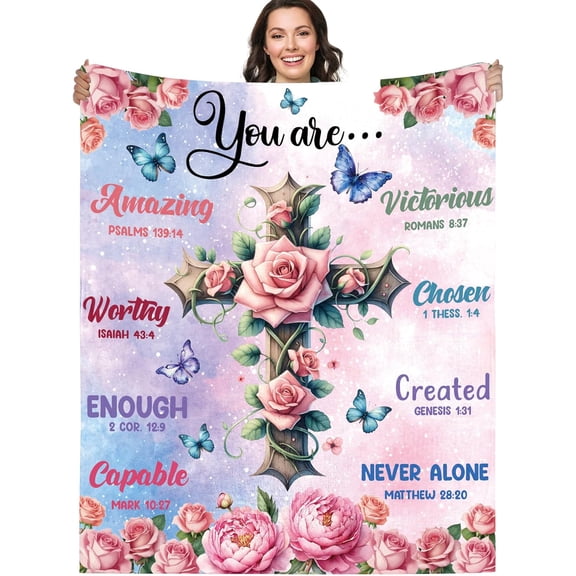 Christian Inspirational Gifts Blanket for Women: Throw Blanket with Cross Rose Butterfly, Religious Prayer Comfort Blanket Birthday Gifts for Mom Grandmother Pastor Wife Appreciation