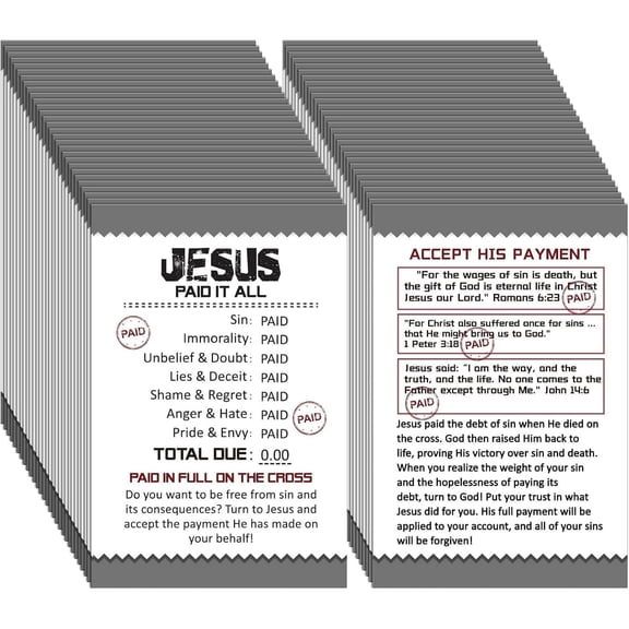 Jesus Paid It All Pocket Scripture Cards 50-Pack, Inspirational Receipt-Style Bible Verse Cards for Encouragement, Church Ministry, Outreach, Gift Bags & Daily Reflection