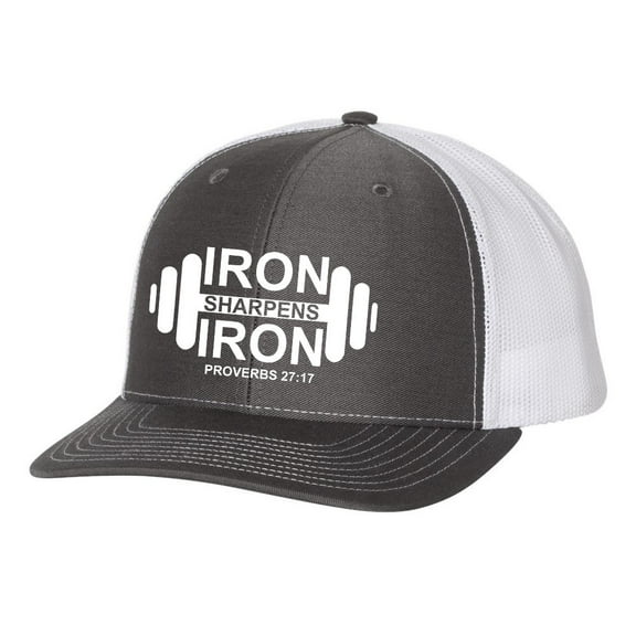 Christian Iron Sharpens Iron Proverbs 27:17 Dumbell Weight Mens Embroidered Mesh Back Trucker Hat, Charcoal/White