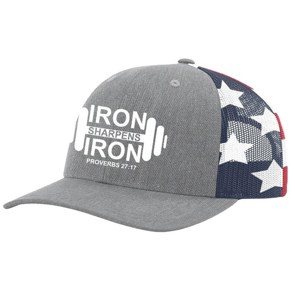 Christian Iron Sharpens Iron Proverbs 27:17 Dumbell Weight Mens Embroidered Mesh Back Trucker Hat, Heather Grey/American Flag