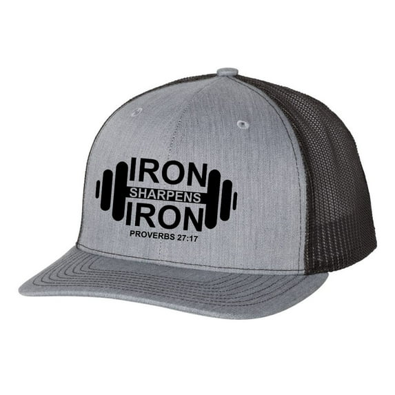Christian Iron Sharpens Iron Proverbs 27:17 Dumbell Weight Mens Embroidered Mesh Back Trucker Hat, Heather Grey/Black