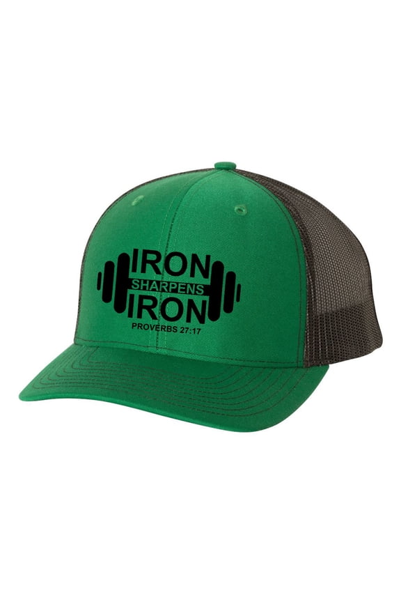 Christian Iron Sharpens Iron Proverbs 27:17 Dumbell Weight Mens Embroidered Mesh Back Trucker Hat, Kelly Green/Black