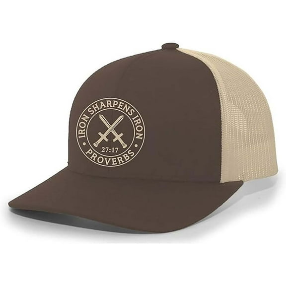 Christian Iron Sharpens Iron Proverbs 27:17 Mens Embroidered Mesh Back Trucker Hat, Brown/Khaki