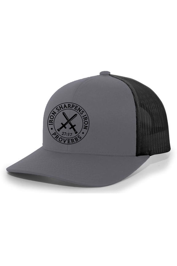 Christian Iron Sharpens Iron Proverbs 27:17 Mens Embroidered Mesh Back Trucker Hat, Charcoal/Black