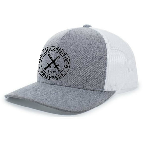 Christian Iron Sharpens Iron Proverbs 27:17 Mens Embroidered Mesh Back Trucker Hat, Heather Grey/White