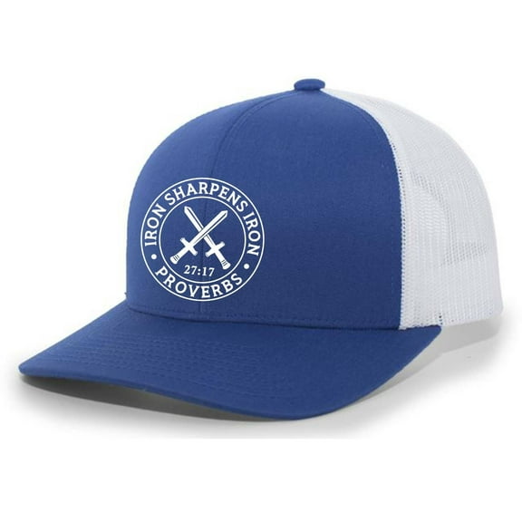 Christian Iron Sharpens Iron Proverbs 27:17 Mens Embroidered Mesh Back Trucker Hat, Royal/White