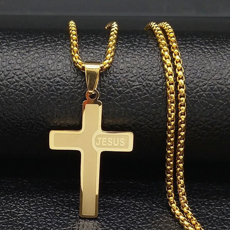 Christian JESUS CROSS Pendant Necklaces for Men 14K Yellow Gold Male Chain Necklace Jewelry corrente masculina