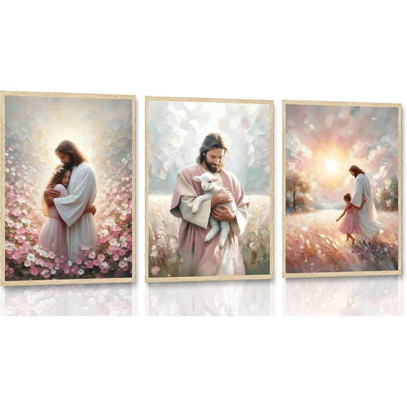 Christian Jesus Canvas WallPastel Pink White Gold Embracing Child Holding Lamb Walking Faith Scenes Paintings Posters Prints Wall Decor Pictures for Bedroom Living Room Prayer Room Decoration