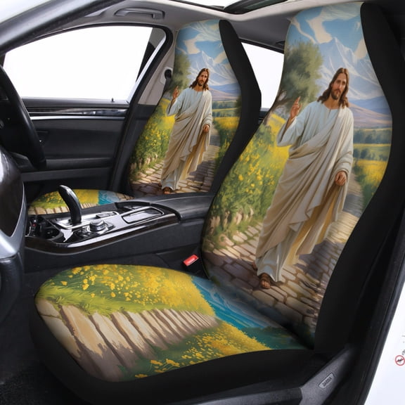 Christian Jesus Car Seat Covers – Faith Inspired Mountain & Flower Field Art Auto Seat Protector Set, Religious Car Interior Decor
