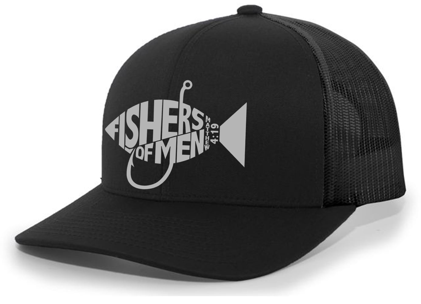 Christian Jesus Fishers of Men Matthew 4:19 Mens Embroidered Mesh Back Trucker Hat, Black/Black