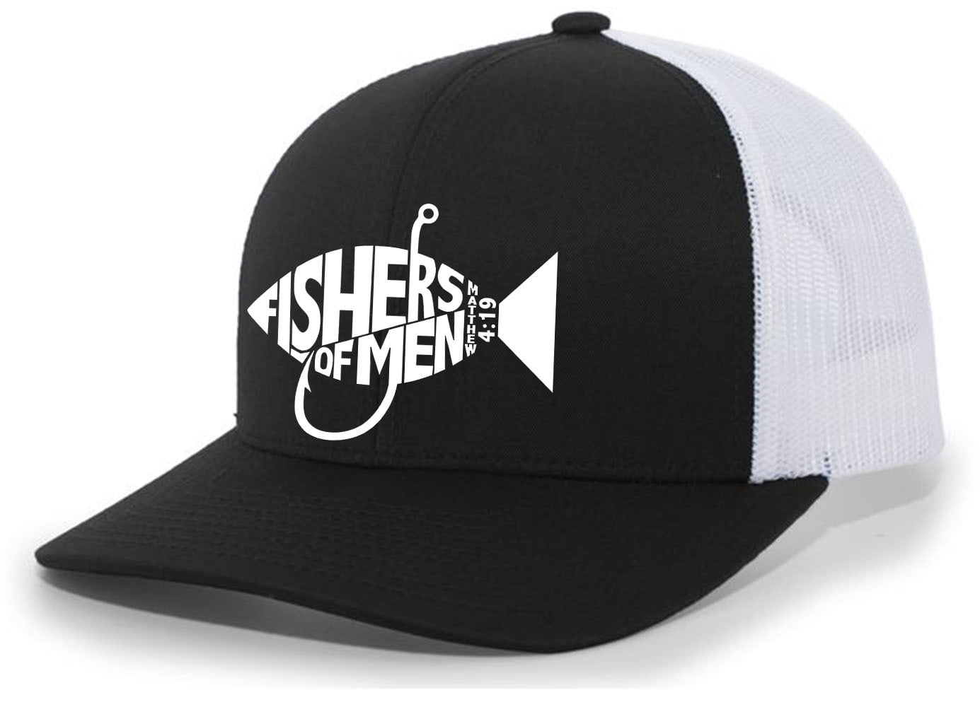 Christian Jesus Fishers of Men Matthew 4:19 Mens Embroidered Mesh Back Trucker Hat, Black/White