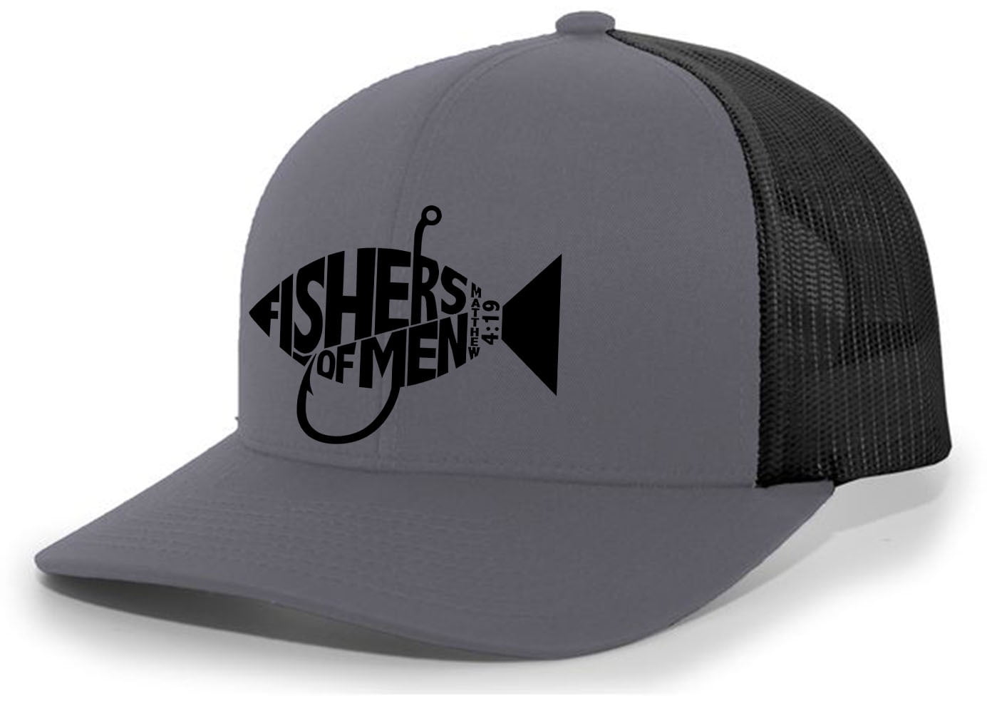 Christian Jesus Fishers of Men Matthew 4:19 Mens Embroidered Mesh Back Trucker Hat, Charcoal/Black