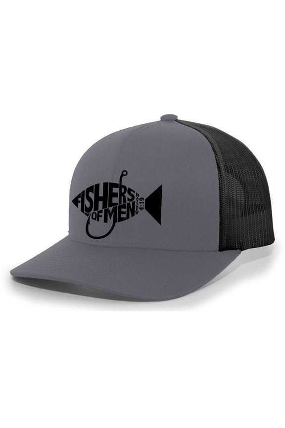Christian Jesus Fishers of Men Matthew 4:19 Mens Embroidered Mesh Back Trucker Hat, Charcoal/Black