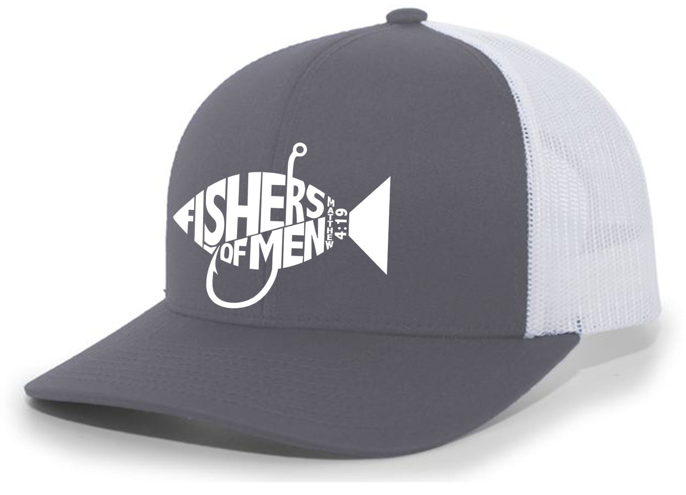 Christian Jesus Fishers of Men Matthew 4:19 Mens Embroidered Mesh Back Trucker Hat, Charcoal/White