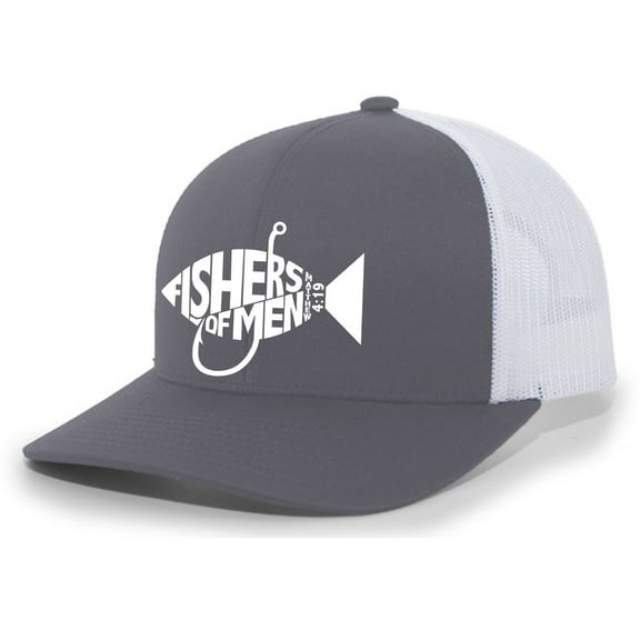 Christian Jesus Fishers of Men Matthew 4:19 Mens Embroidered Mesh Back Trucker Hat, Charcoal/White