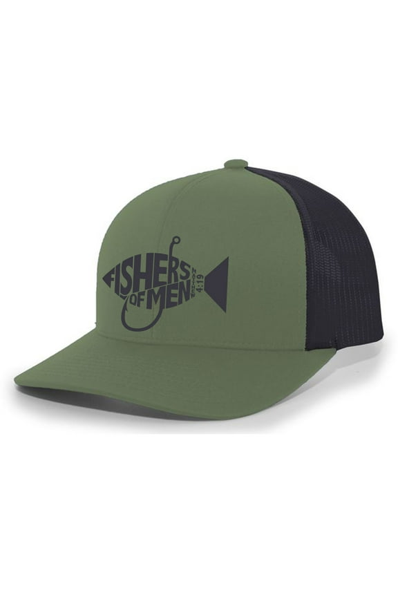 Christian Jesus Fishers of Men Matthew 4:19 Mens Embroidered Mesh Back Trucker Hat, Loden/Black