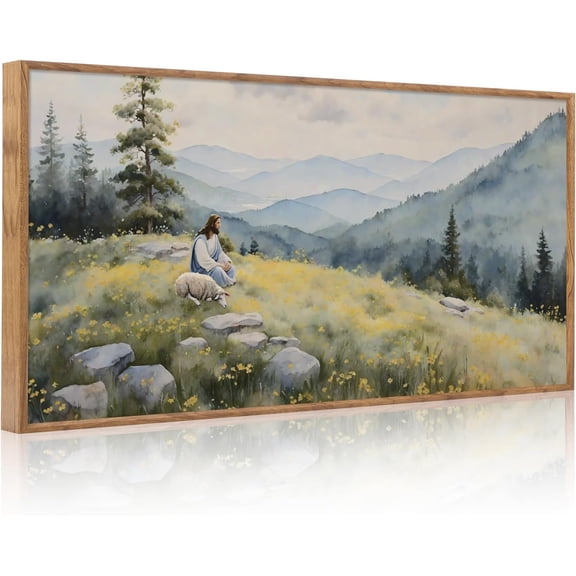 Christian Jesus with Lost Sheep Wall Art(40"x20"), Religious Lamb The Good Shepherd Psalm 23 Canvas Artwork, Large Abstcat Watercolor Vintage Nature Landscape Bible Story Decor for Home