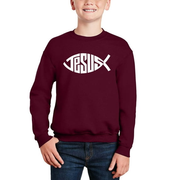 Christian Jesus Name Fish Symbol - Boy's Word Art Crewneck Sweatshirt