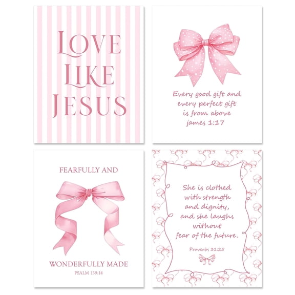 Christian Jesus Pink Bow Wall Art Decor Posters- 8x10 Inch Canvas Prints Unframed Set of 4, Bible Verse Prints for Home Bedroom Bathroom Decor
