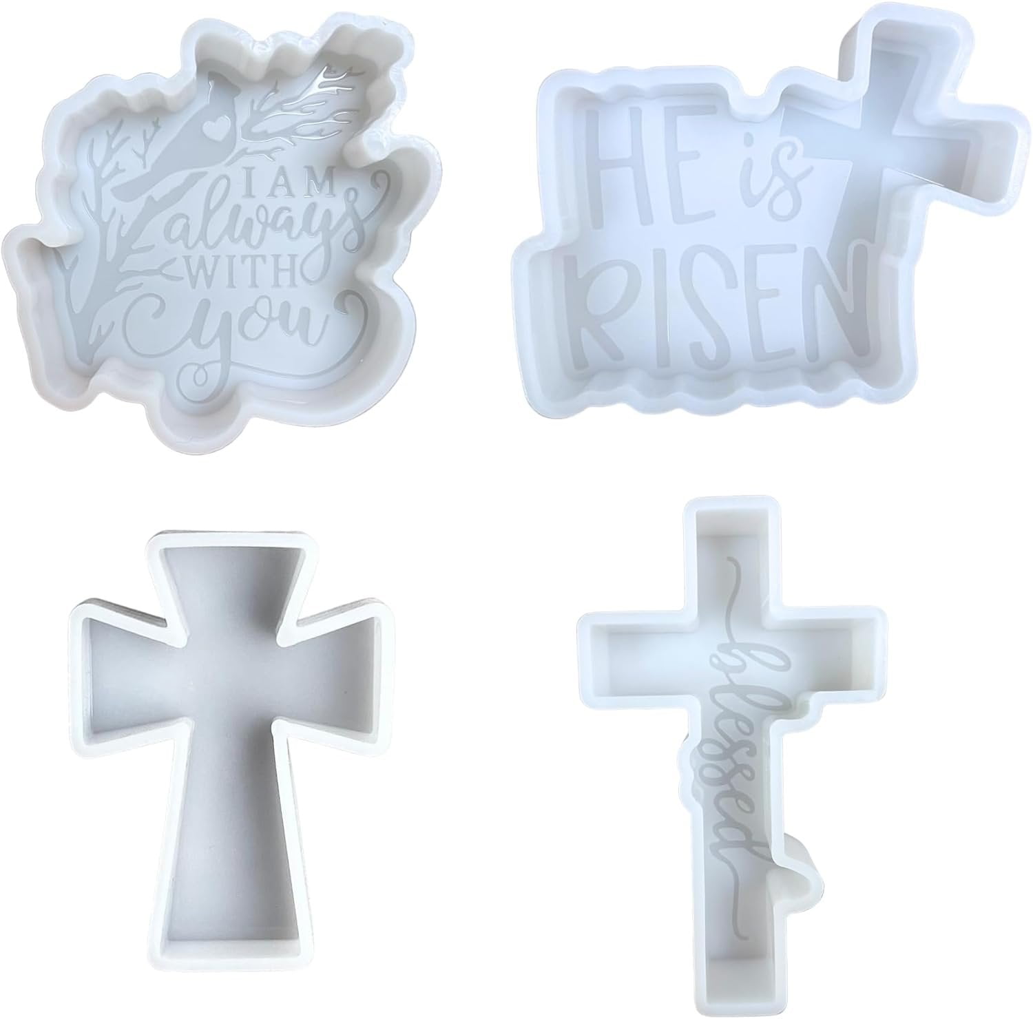 Christian Jesus Religious Car Freshie Silicone Molds  Bulk 4 pk Car Freshener Scented Aroma Bead Oven Safe 450 F He is Risen, Cross, Blessed, I Am Always with You Cardinal