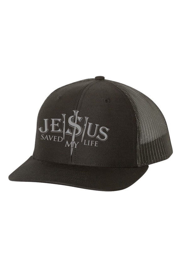 Christian Jesus Saved My Life 3 Nails Mens Embroidered Mesh Back Trucker Hat, Black/Black