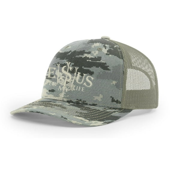 Christian Jesus Saved My Life 3 Nails Mens Embroidered Mesh Back Trucker Hat, Digi Camo/Light Green