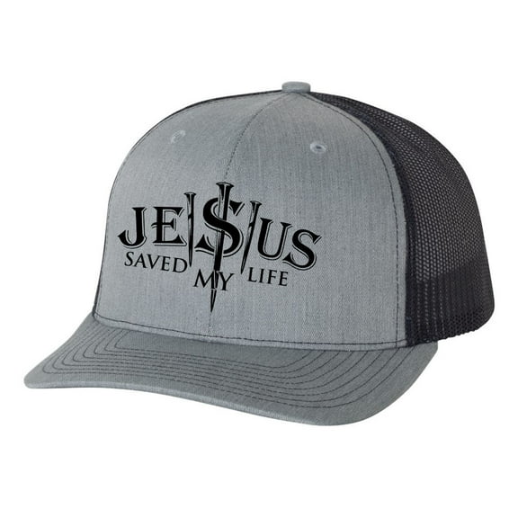 Christian Jesus Saved My Life 3 Nails Mens Embroidered Mesh Back Trucker Hat, Heather Grey/Black