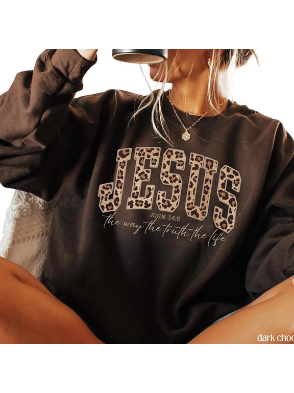 Christian Jesus Sweatshirt – Cheetah Print Bible Verse Pullover, Trendy Faith Apparel, Jesus Loves You Sweater, The Way The Truth The Life Gift