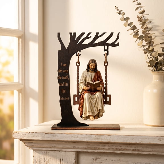 Christian Jesus Swing Ornament, Christian Swing Ornament Wooden Tree Swing Statue Jesus Reading Bible Christmas Office Desk Accent