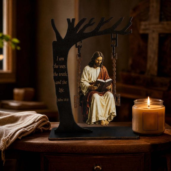 Christian Jesus Swing Ornament, Jesus On Swing Bookshelf Decor 2D Flat, Religious Inspirational Gift, 1pc