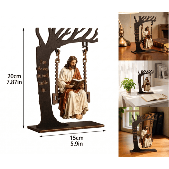 Christian Jesus Swing Ornament, Jesus Reading Bible Figurine on Swing | Christian Tabletop Decor with Tree Stand, Religious Home Decor Statue with John 14:6 Scripture, Inspirational Christian Gift