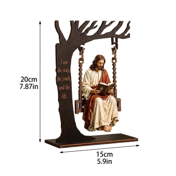 Christian Jesus Swing Ornament, Sitting with Open Bible and Faith Verse John 14:6, Home Office Desk Table Shelf Display Decor, Spiritual Religious Gift for Believers Families