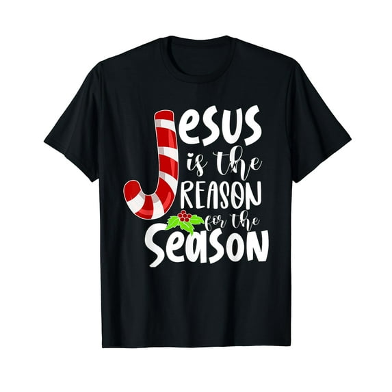Christian Jesus The Reason Candy Cane Xmas Holiday Season Black T-Shirt Crew Neck Tee