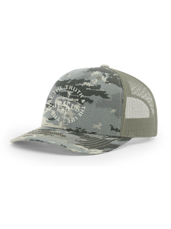 Christian Jesus The Way The Truth and The Life Mens Embroidered Mesh Back Trucker Hat, Digi Camo/Light Green