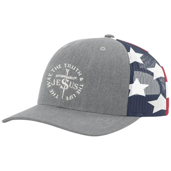 Christian Jesus The Way The Truth and The Life Mens Embroidered Mesh Back Trucker Hat, Heather Grey/American Flag