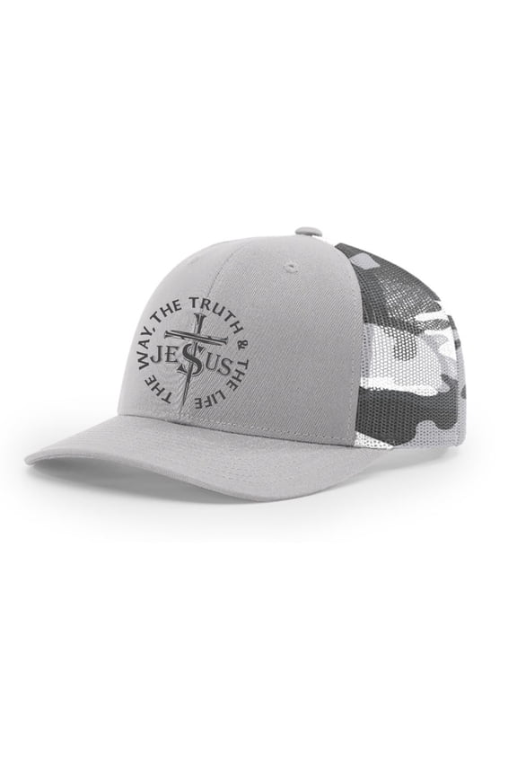 Christian Jesus The Way The Truth and The Life Mens Embroidered Mesh Back Trucker Hat, Silver/Grey Camo